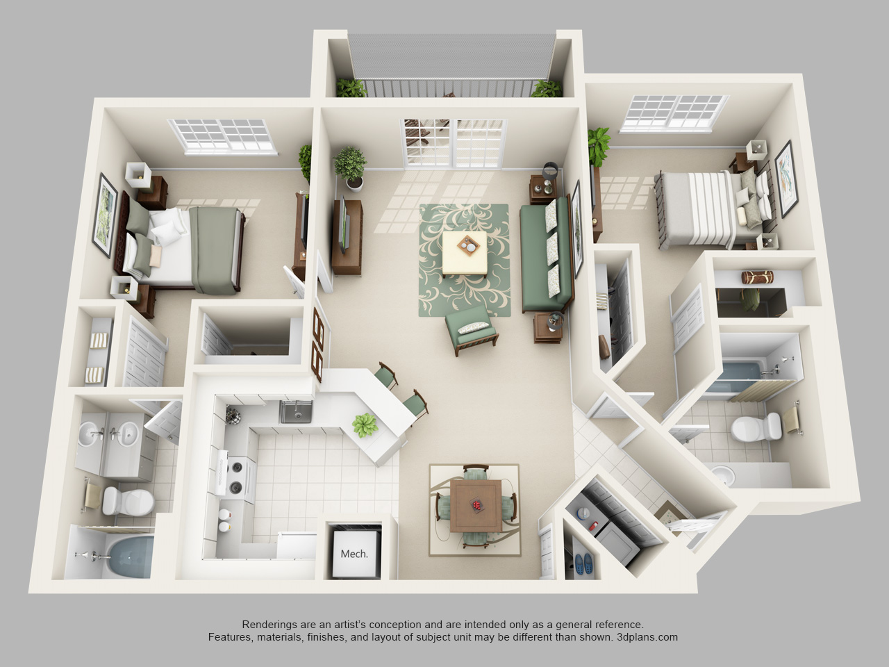 Floor plan for 2 beds, 2 baths, 1120 sqft